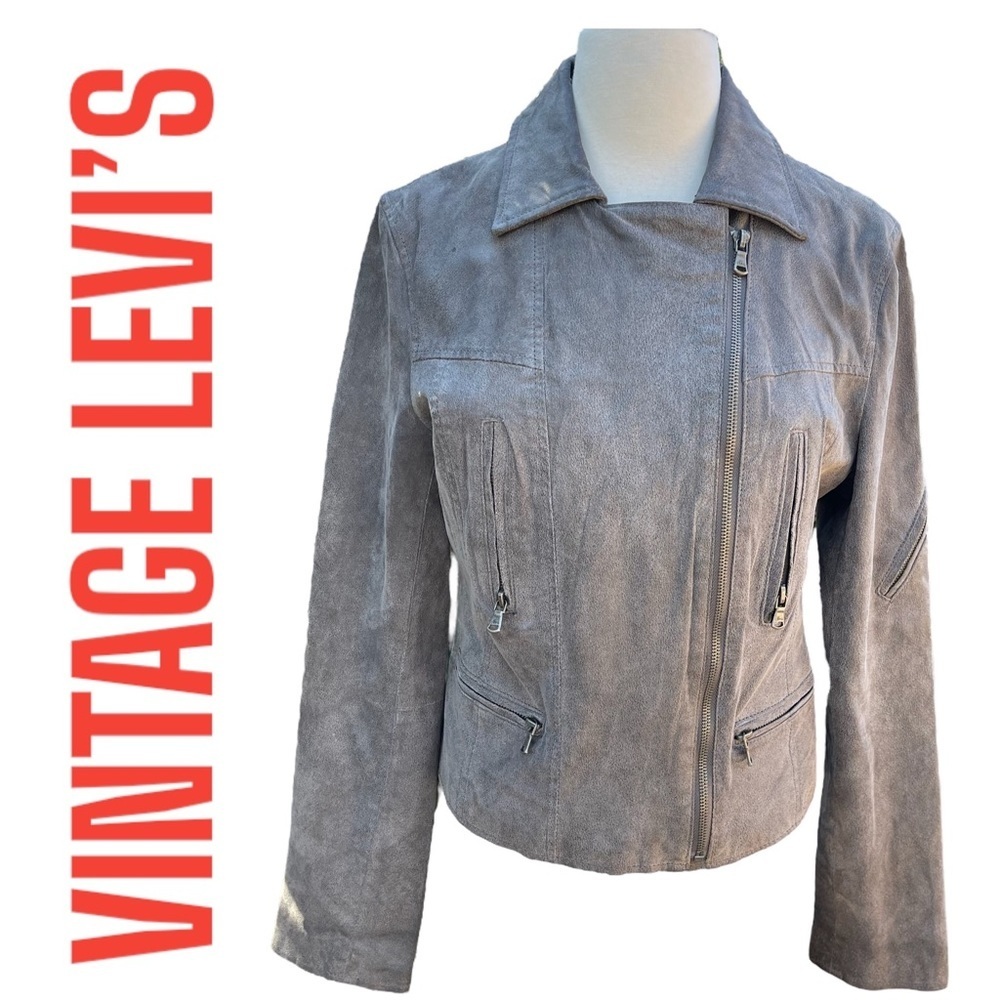 LEVI’S ~ Vintage 2002 Grey Sueded Leather Moto Jacket ~ Zipper Detail ~ Size M